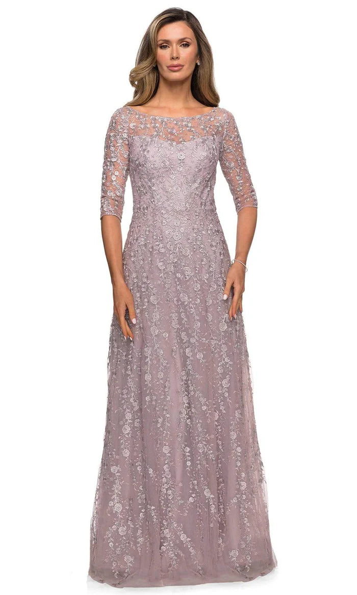Elegant A-Line Boat-Neck Three-Quarter-Sleeve Lace-Back Dusty-Lilac Floral-Embroidered Tulle Floor-Length Mother of the Bride Dresses
