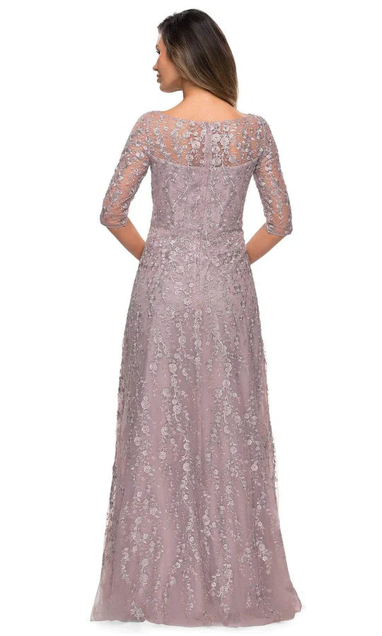 Elegant A-Line Boat-Neck Three-Quarter-Sleeve Lace-Back Dusty-Lilac Floral-Embroidered Tulle Floor-Length Mother of the Bride Dresses