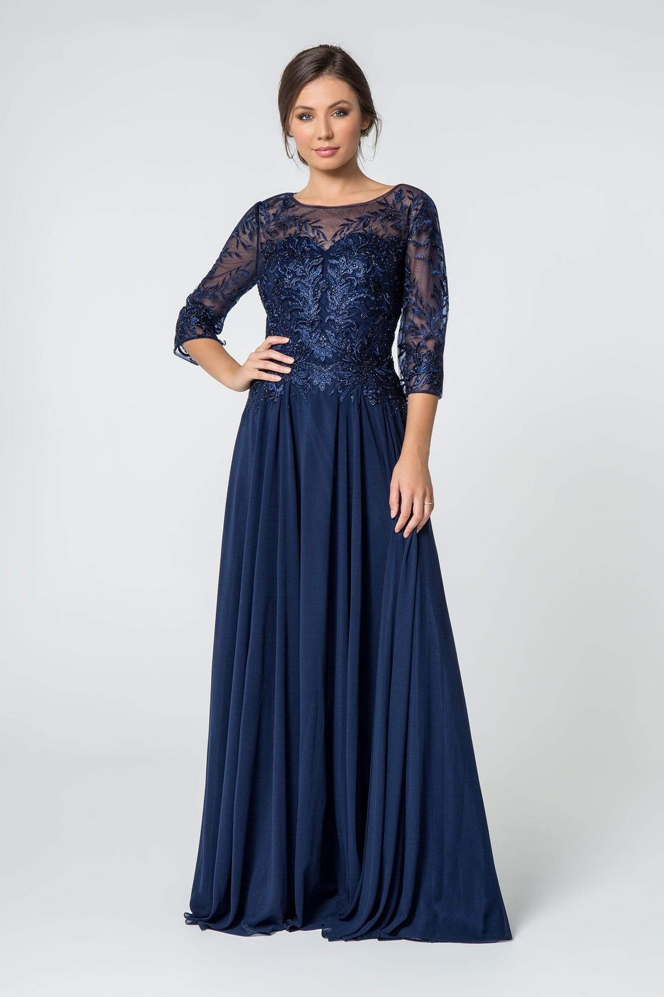 Elegant A-Line Boat-Neck Three-Quarter-Sleeve Lace-Back Navy Embellished-Chiffon Floor-Length Mother of the Bride Dresses