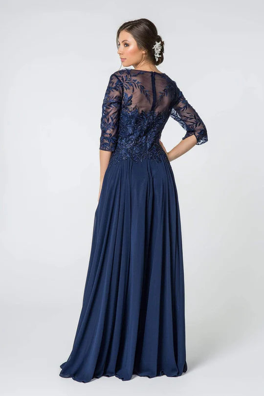 Elegant A-Line Boat-Neck Three-Quarter-Sleeve Lace-Back Navy Embellished-Chiffon Floor-Length Mother of the Bride Dresses