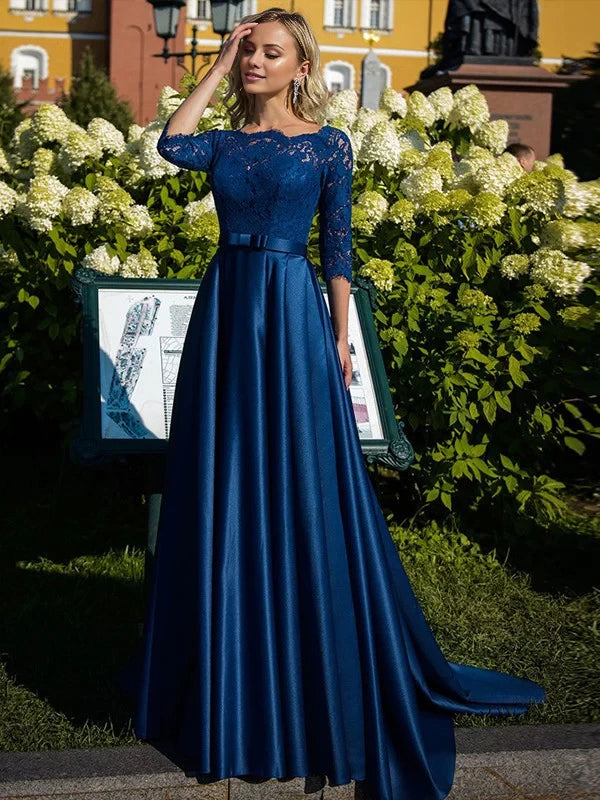 Elegant A - Line Boat Neck Three - Quarter Sleeve Zipper Back Floor - Length Mother of the Bride Dresses