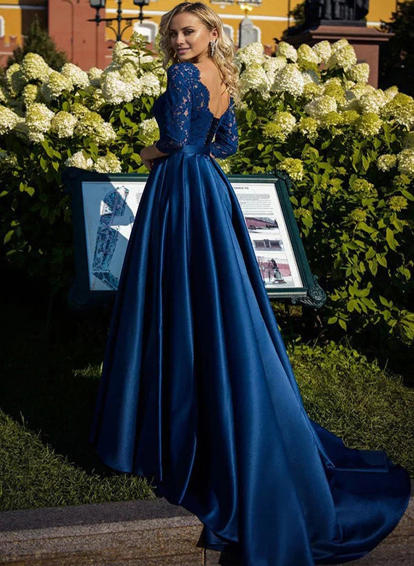 Elegant A - Line Boat Neck Three - Quarter Sleeve Zipper Back Floor - Length Mother of the Bride Dresses