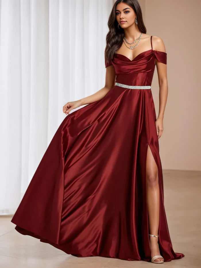 Elegant A - Line Cowl Neck Off - Shoulder Open Back Long Length Prom Dresses