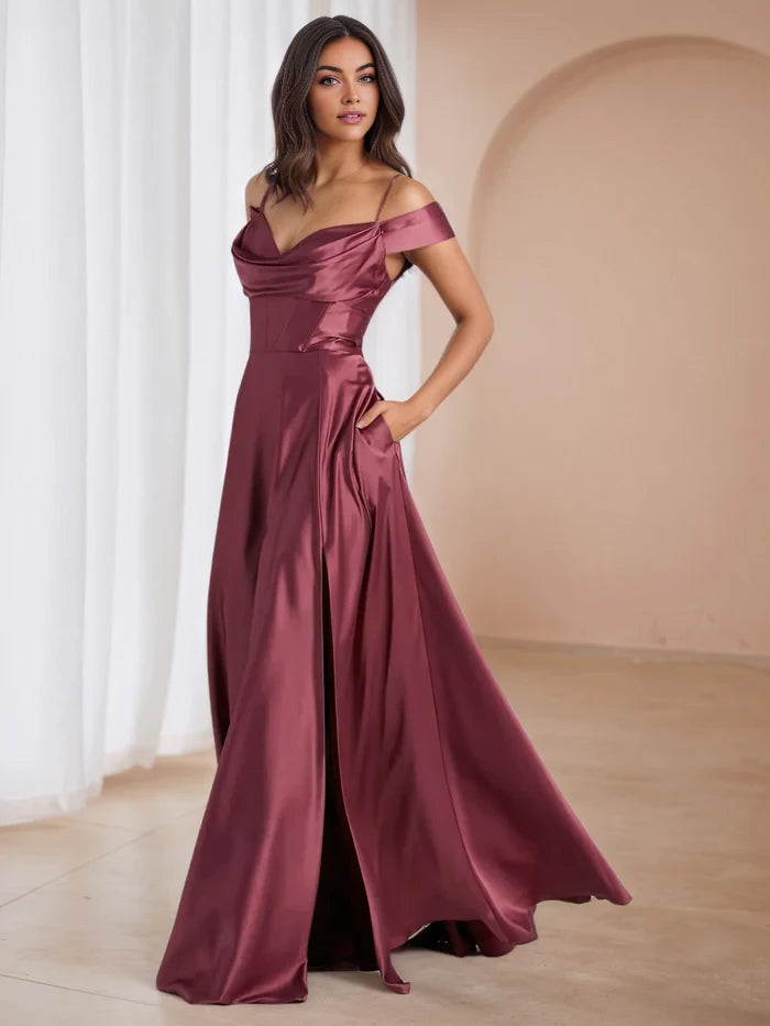 Elegant A - Line Cowl Neck Off - Shoulder Open Back Long Length Prom Dresses