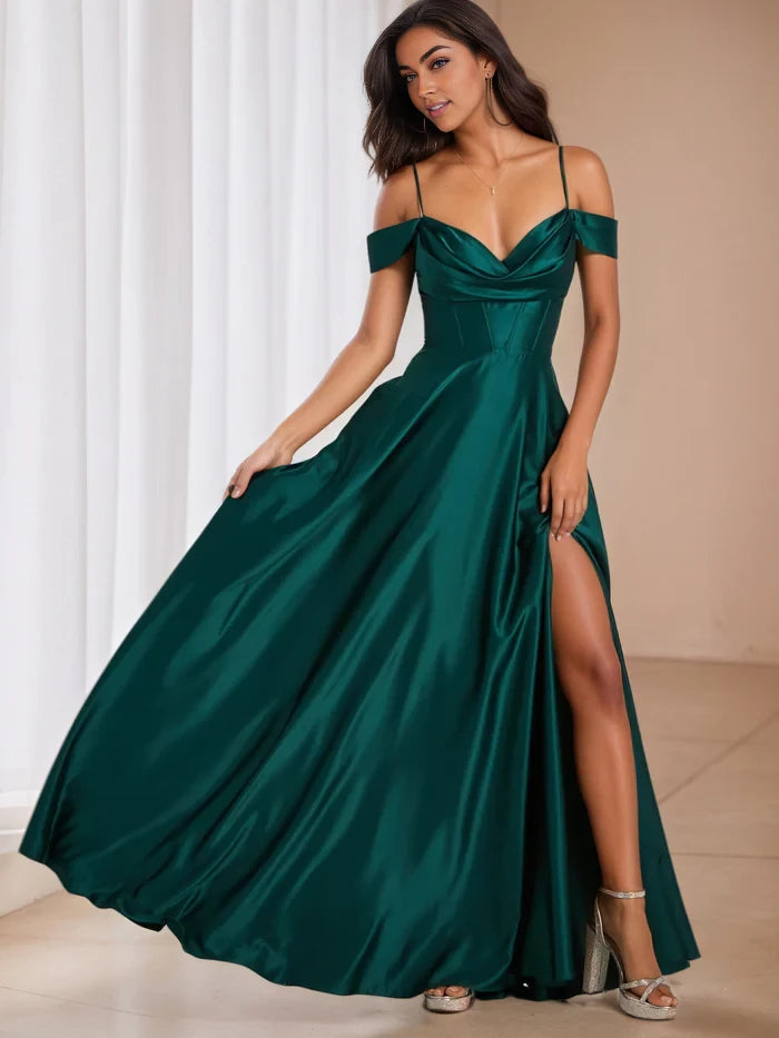 Elegant A - Line Cowl Neck Off - Shoulder Open Back Long Length Prom Dresses