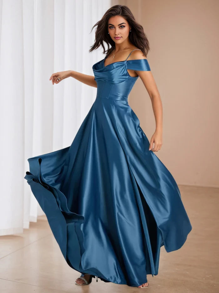 Elegant A - Line Cowl Neck Off - Shoulder Open Back Long Length Prom Dresses