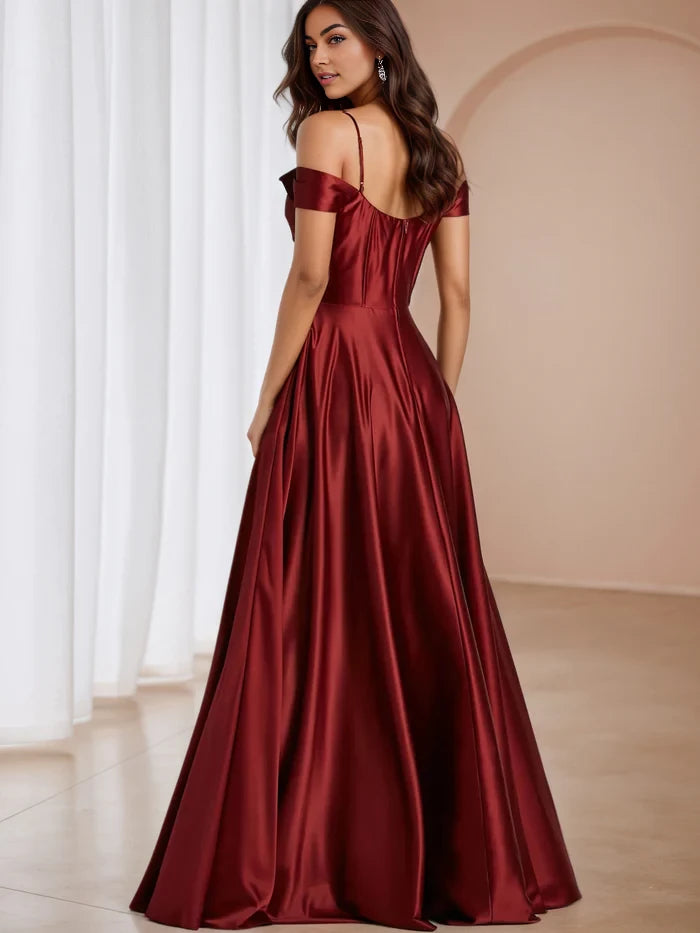 Elegant A - Line Cowl Neck Off - Shoulder Open Back Long Length Prom Dresses