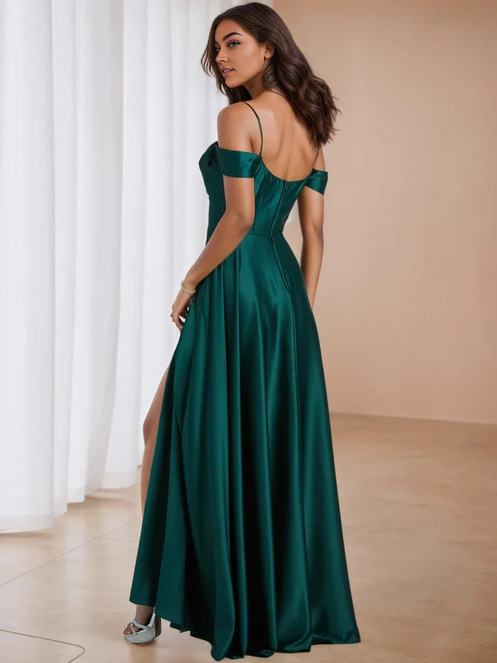 Elegant A - Line Cowl Neck Off - Shoulder Open Back Long Length Prom Dresses