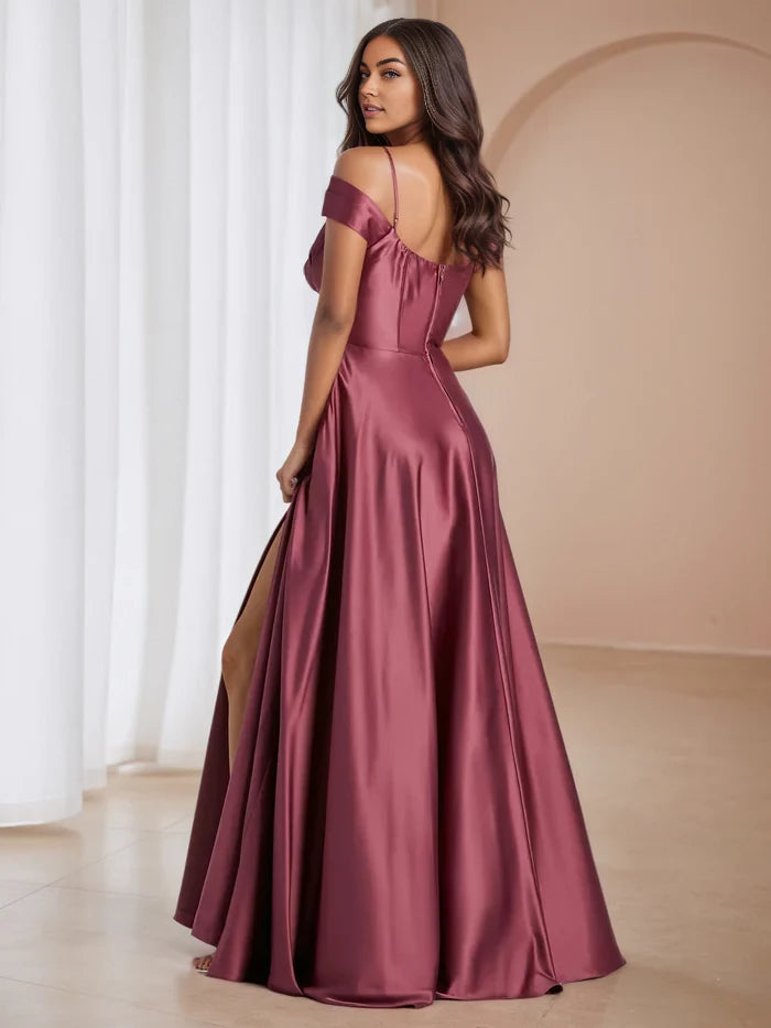 Elegant A - Line Cowl Neck Off - Shoulder Open Back Long Length Prom Dresses