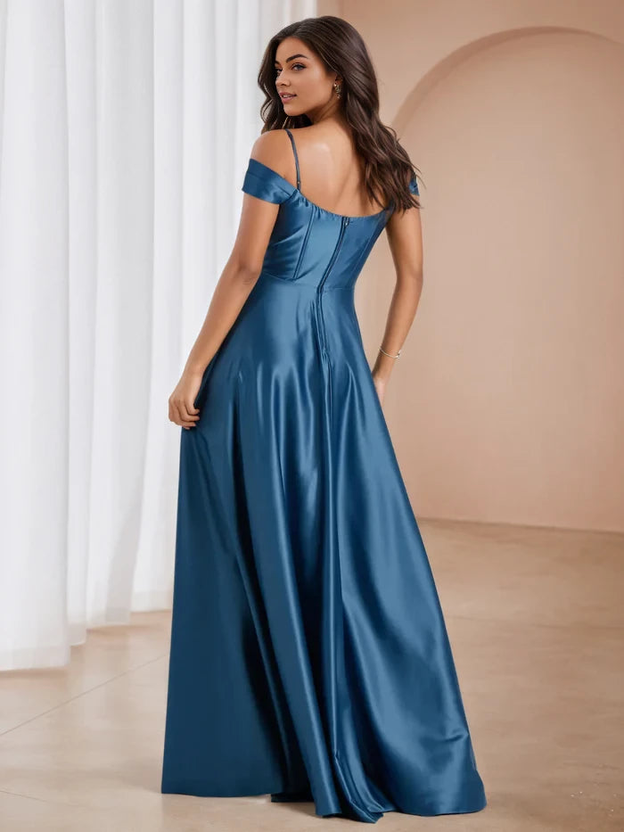 Elegant A - Line Cowl Neck Off - Shoulder Open Back Long Length Prom Dresses