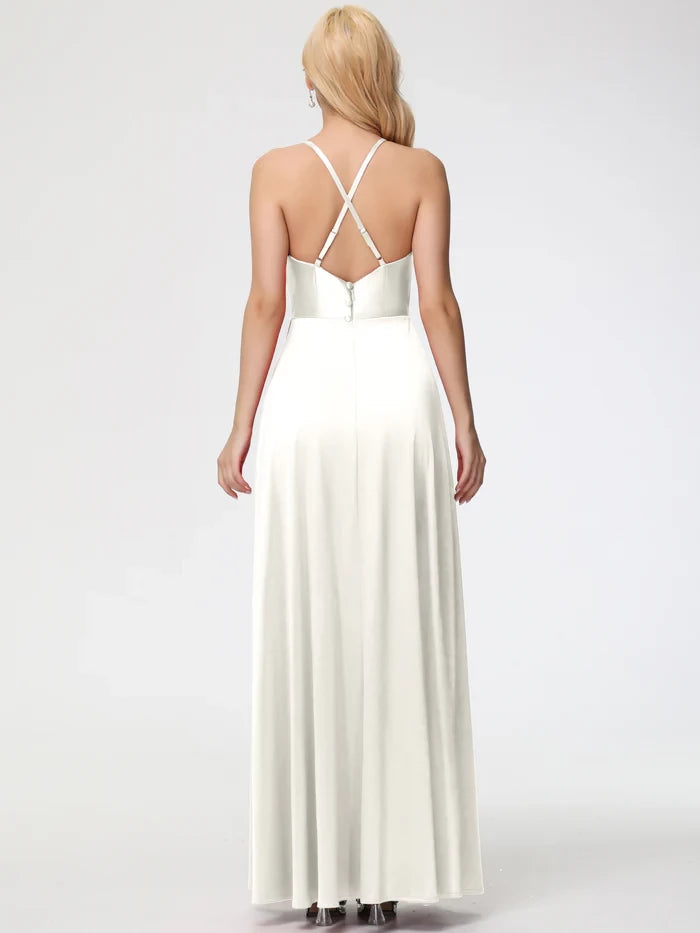 Elegant A - Line Cowl Neck Sleeveless Crisscross Back Long Length Prom Dresses
