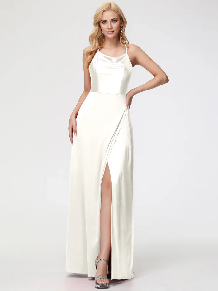Elegant A - Line Cowl Neck Sleeveless Crisscross Back Long Length Prom Dresses