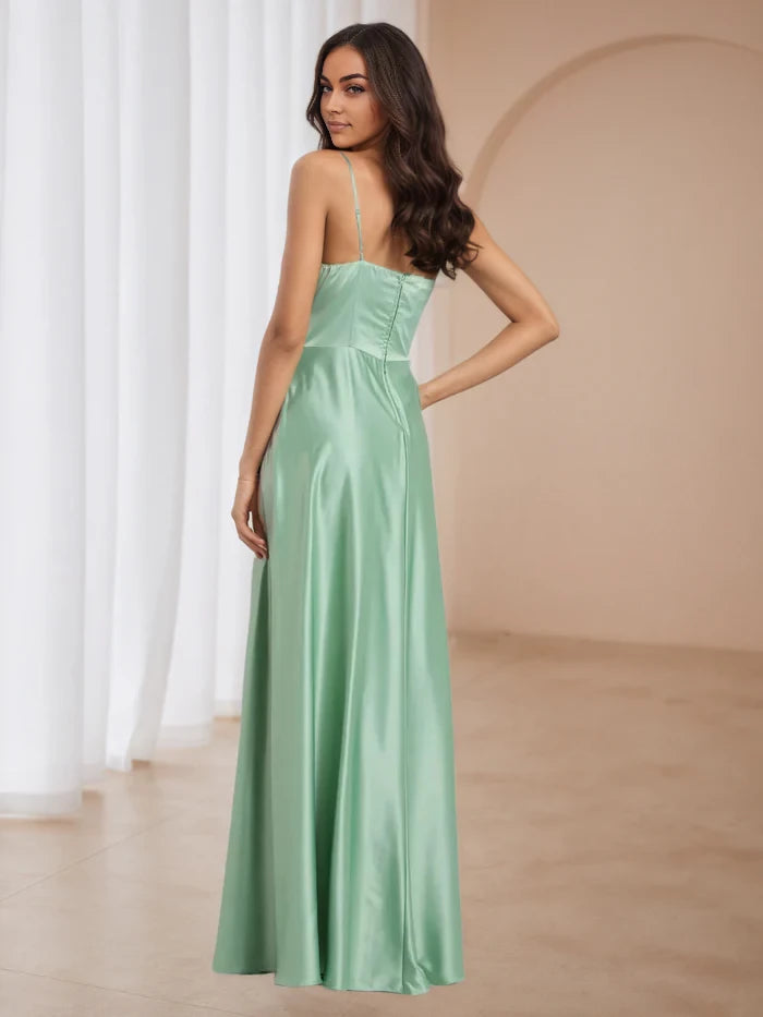Elegant A - Line Cowl Neck Sleeveless Plain Back Floor Length Prom Dresses
