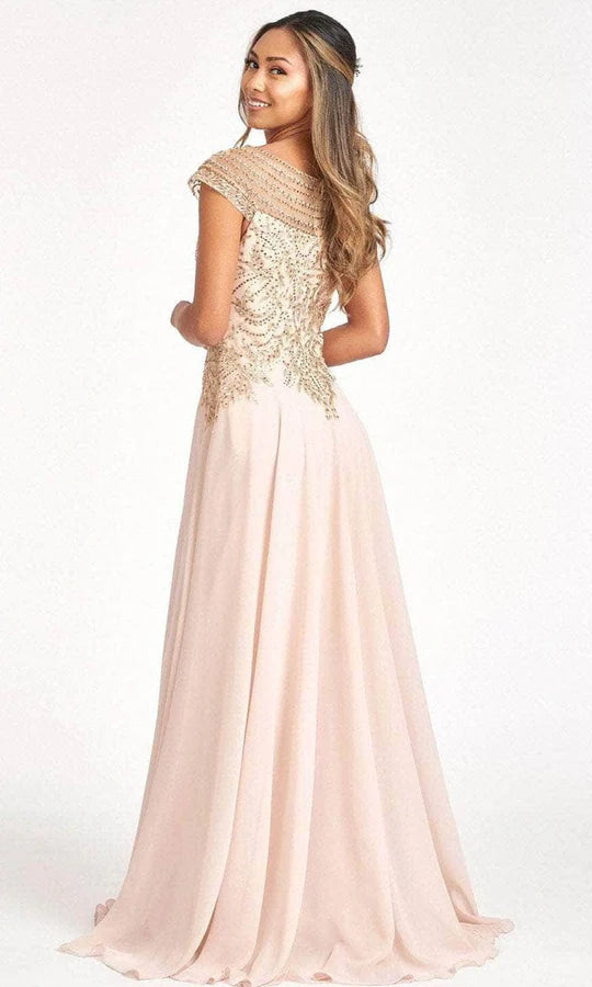 Elegant A-Line Crew-Neck Cap-Sleeve Sheer-Back Blush Beaded-Chiffon Floor-Length Mother of the Bride Dresses