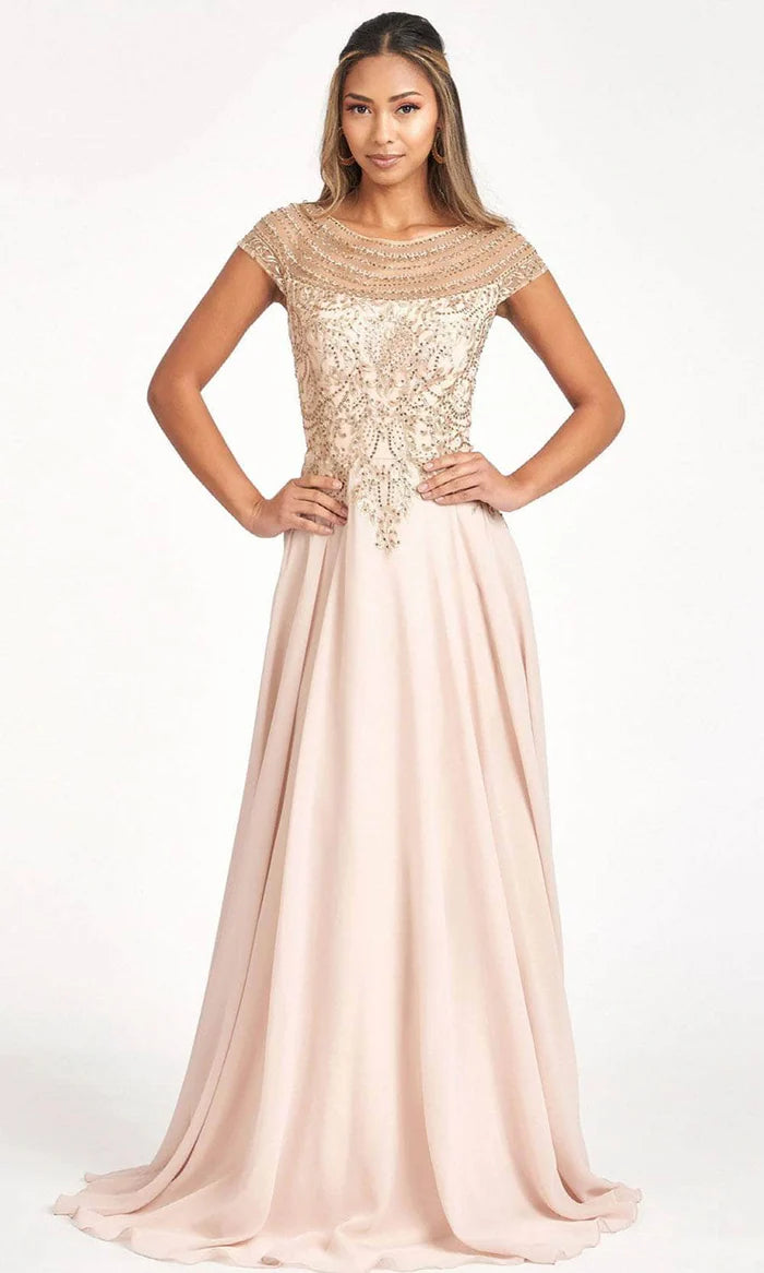 Elegant A-Line Crew-Neck Cap-Sleeve Sheer-Back Blush Beaded-Chiffon Floor-Length Mother of the Bride Dresses