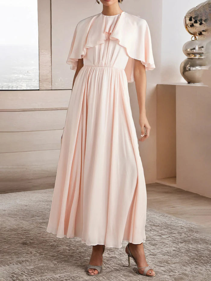 Elegant A - Line Crew Neck Cape Sleeve Solid Back Long Length Prom Dresses