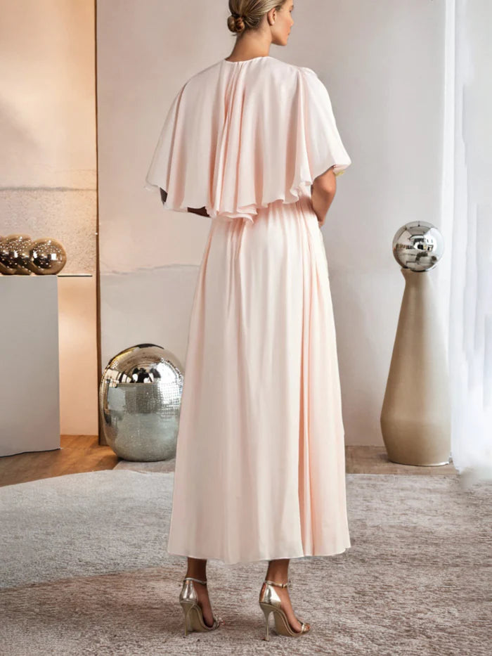 Elegant A - Line Crew Neck Cape Sleeve Solid Back Long Length Prom Dresses