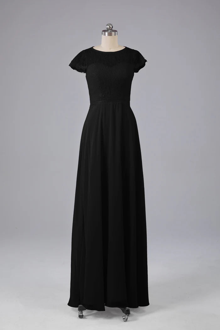 Elegant A-Line Crew-Neck Lace Cap-Sleeve Keyhole-Back Floor-Length Bridesmaid Dresses