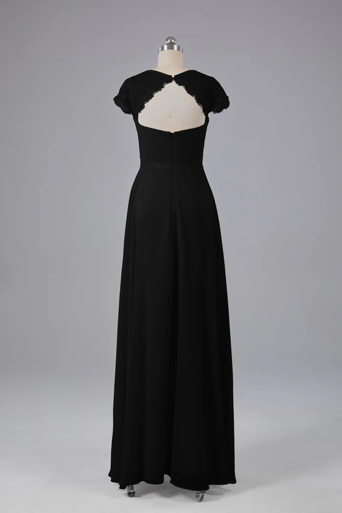 Elegant A-Line Crew-Neck Lace Cap-Sleeve Keyhole-Back Floor-Length Bridesmaid Dresses