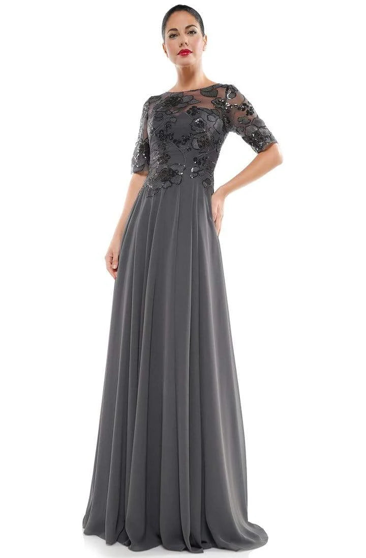 Elegant A-Line Crew-Neck Three-Quarter-Sleeve Sheer-Back Charcoal Sequin-Lace Floor-Length Mother of the Bride Dresses