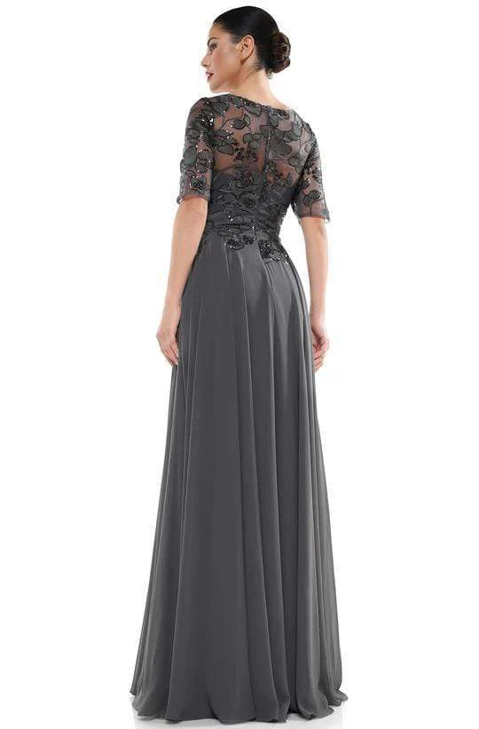 Elegant A-Line Crew-Neck Three-Quarter-Sleeve Sheer-Back Charcoal Sequin-Lace Floor-Length Mother of the Bride Dresses