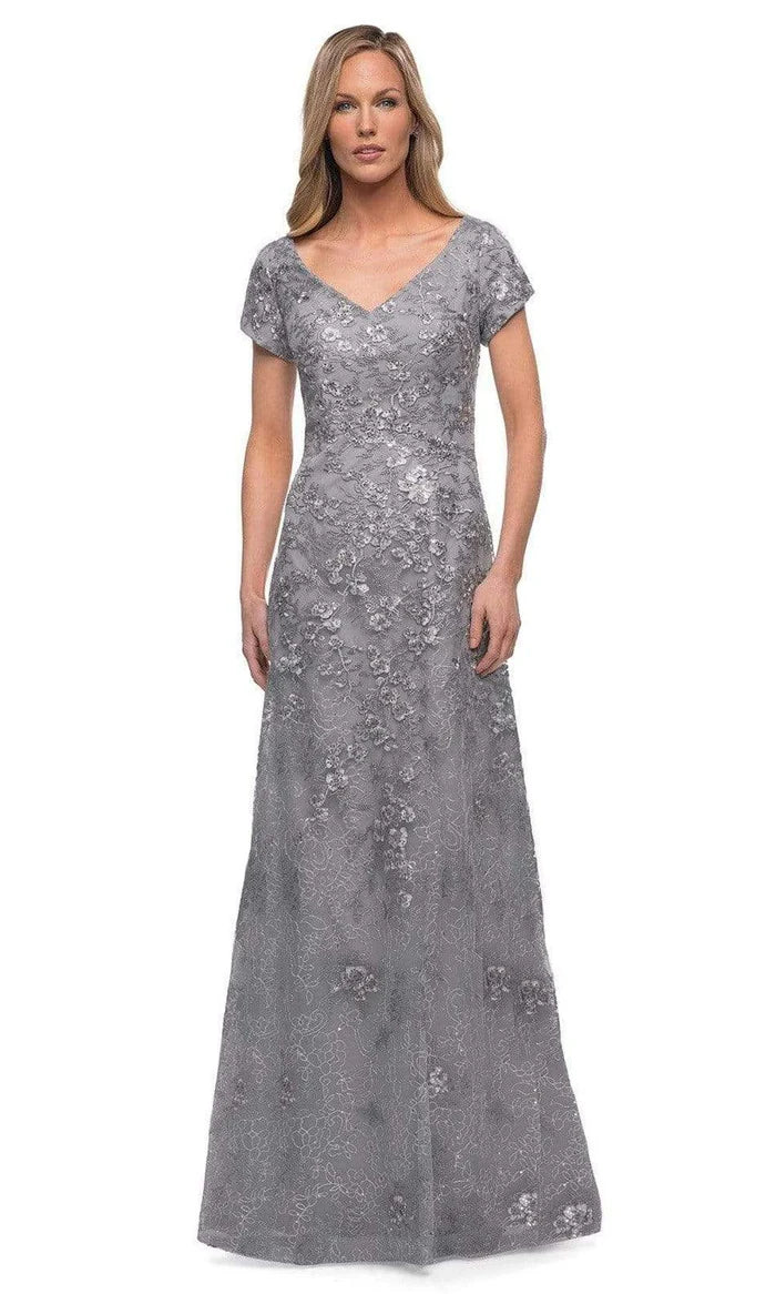 Elegant A-Line Deep-V Cap-Sleeve Lace-Back Dusty-Grey Sequin-Floral-Lace Tulle Floor-Length Mother of the Bride Dresses