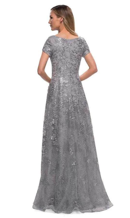 Elegant A-Line Deep-V Cap-Sleeve Lace-Back Dusty-Grey Sequin-Floral-Lace Tulle Floor-Length Mother of the Bride Dresses