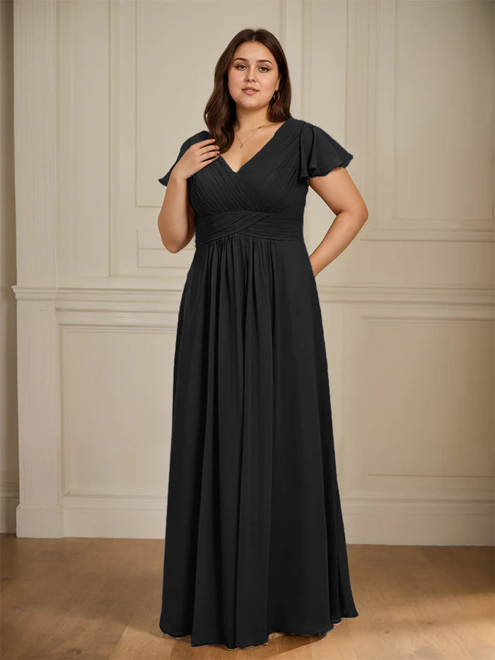 Plus Size Elegant A-Line Deep-V Flutter-Sleeve V-Back Floor-Length Bridesmaid Dresses