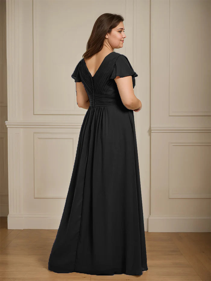 Plus Size Elegant A-Line Deep-V Flutter-Sleeve V-Back Floor-Length Bridesmaid Dresses