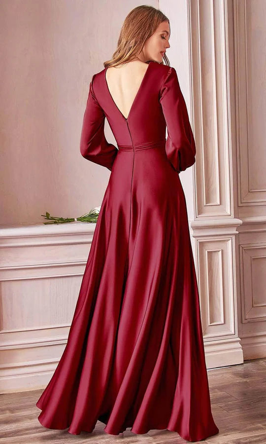 Elegant A-Line Deep-V Long-Sleeve Open-Back Burgundy Satin Floor-Length Mother of the Bride Dresses