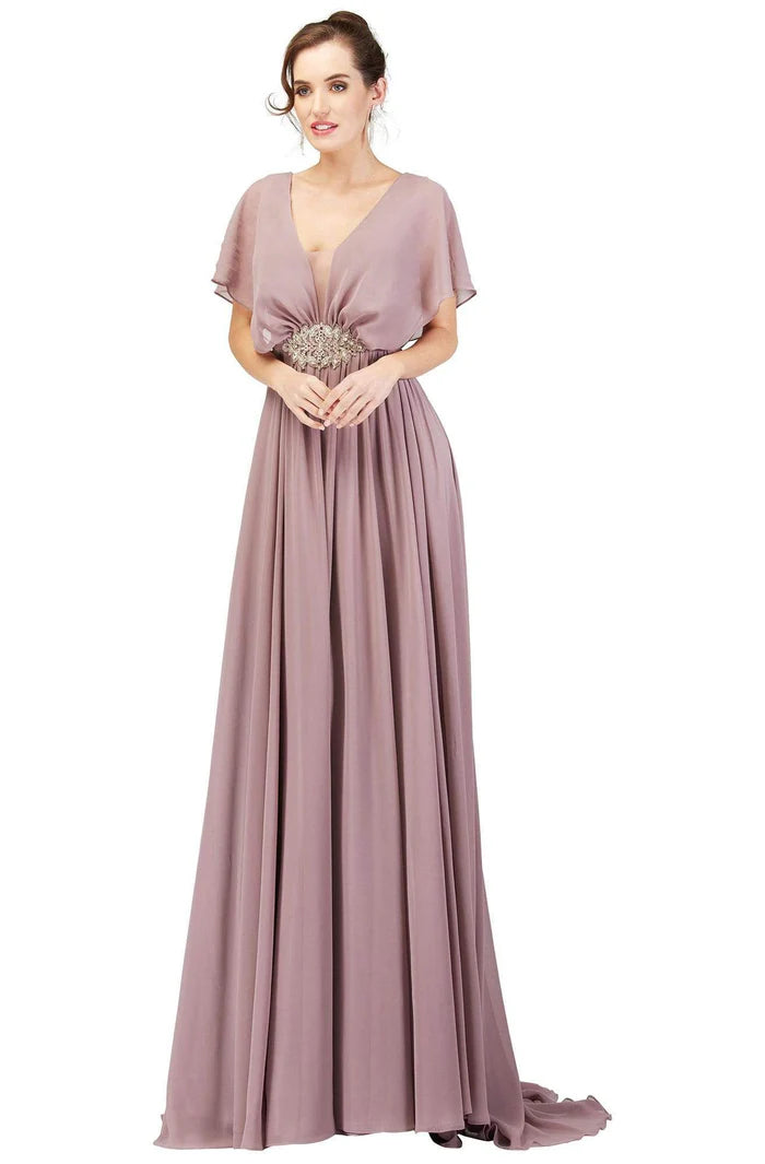 Elegant A-Line Deep-V-Neck Cape-Sleeve Open-Back Dusty Mauve Chiffon Floor-Length Mother of the Bride Dresses