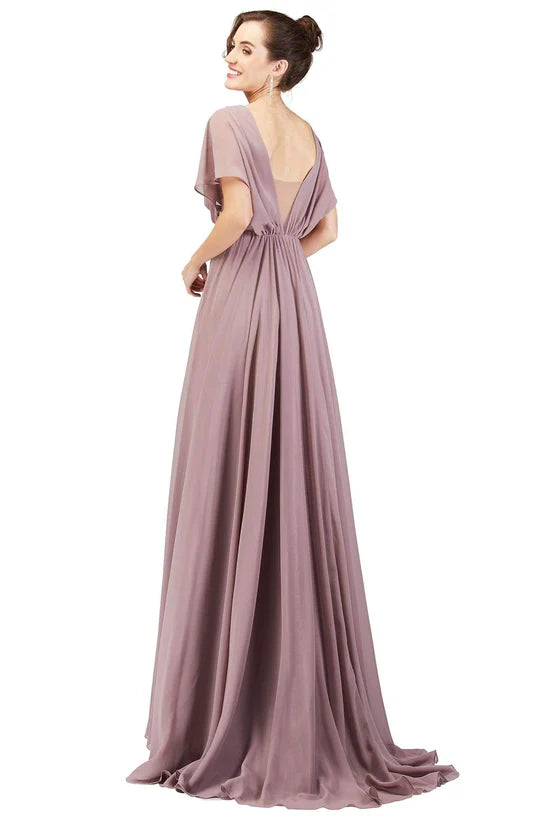 Elegant A-Line Deep-V-Neck Cape-Sleeve Open-Back Dusty Mauve Chiffon Floor-Length Mother of the Bride Dresses