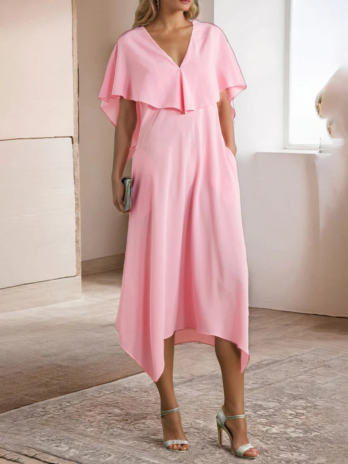 Elegant A - Line Deep V - Neck Cape Sleeve Solid Back Midi Length Prom Dresses