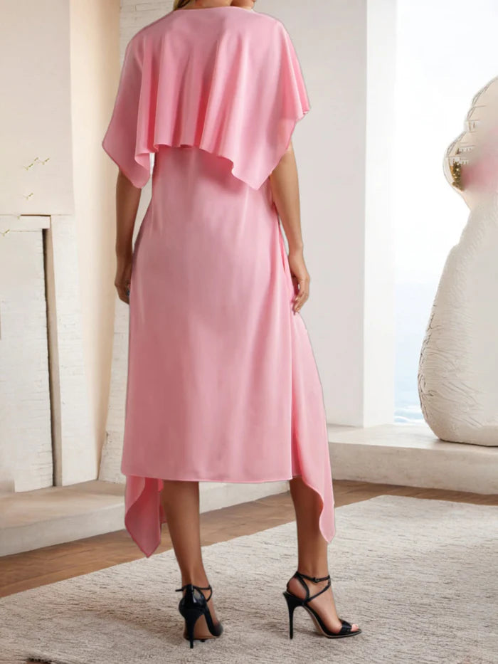 Elegant A - Line Deep V - Neck Cape Sleeve Solid Back Midi Length Prom Dresses