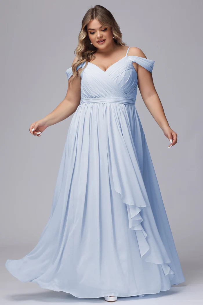 Plus Size Elegant A-Line Deep V-Neck Cold-Shoulder Tie-Back Baby Blue Chiffon Floor-Length Bridesmaid Dresses