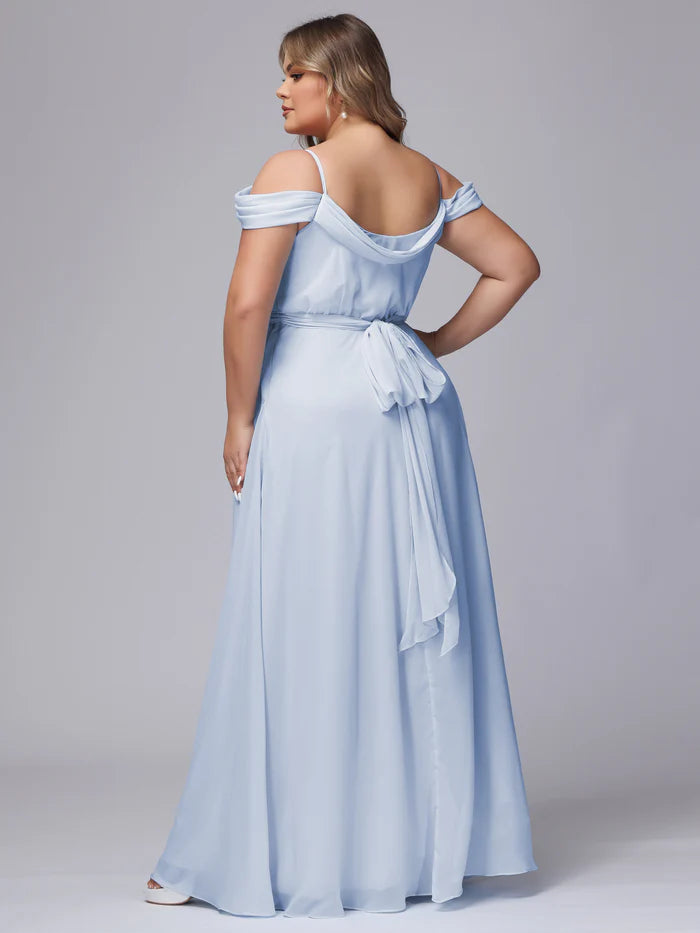 Plus Size Elegant A-Line Deep V-Neck Cold-Shoulder Tie-Back Baby Blue Chiffon Floor-Length Bridesmaid Dresses