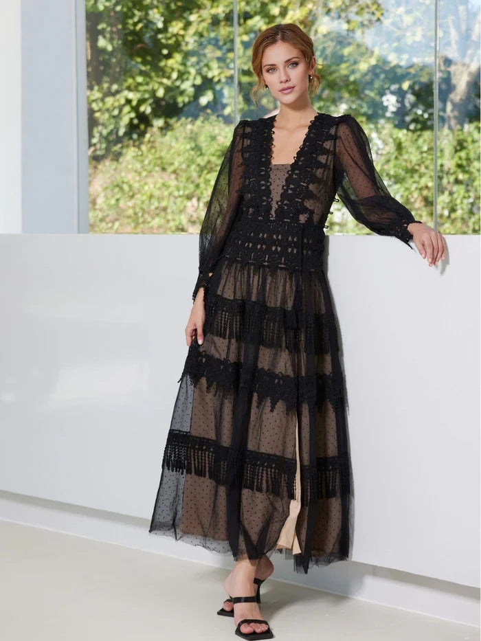 Elegant A - Line Deep V - Neck Long Sleeve Tie Back Long Length Prom Dresses
