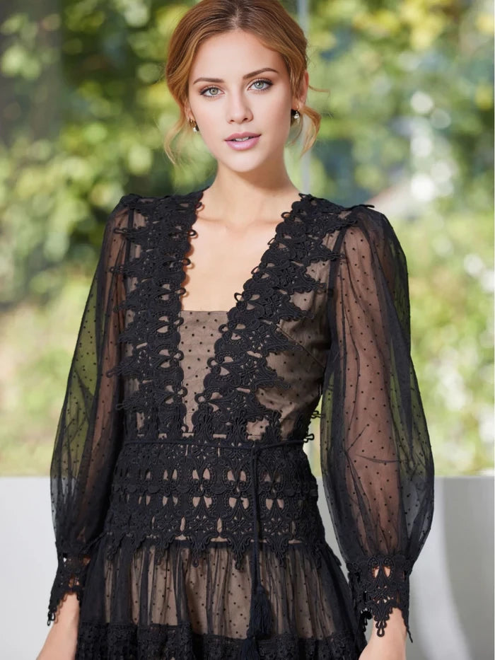 Elegant A - Line Deep V - Neck Long Sleeve Tie Back Long Length Prom Dresses