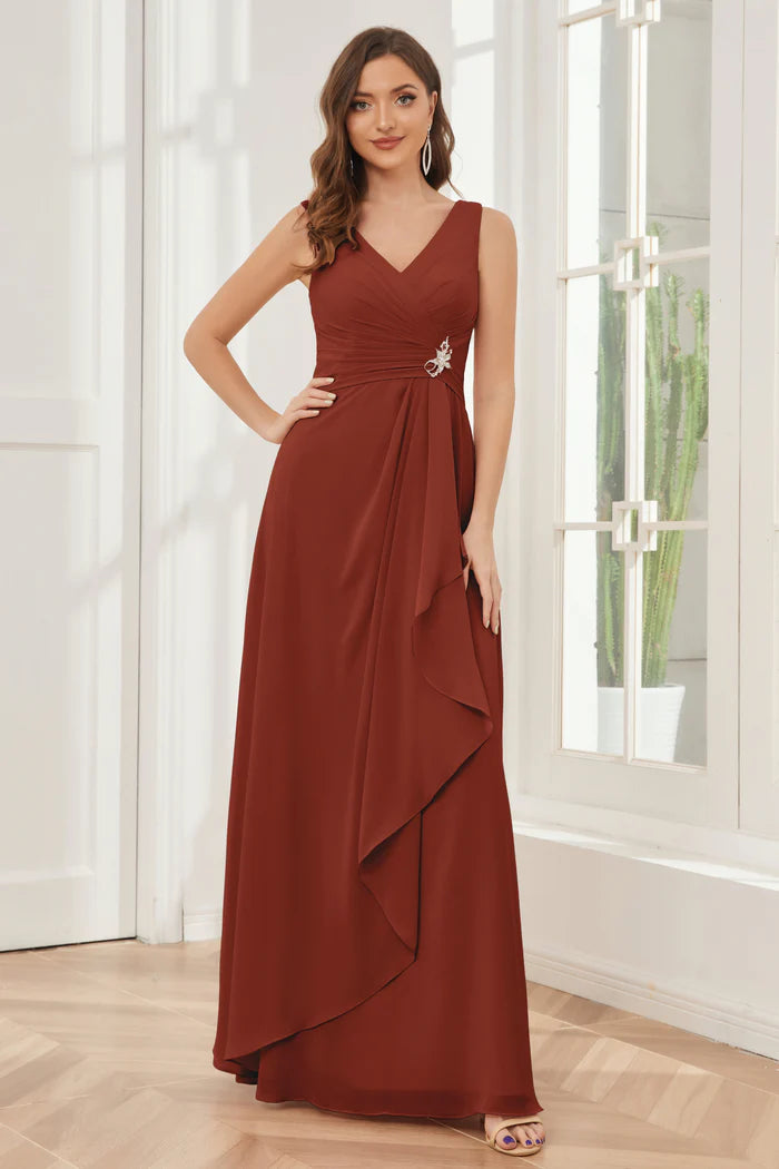 Elegant A-Line Deep V-Neck Sleeveless Open-Back Terracotta Chiffon Floor-Length Bridesmaid Dresses