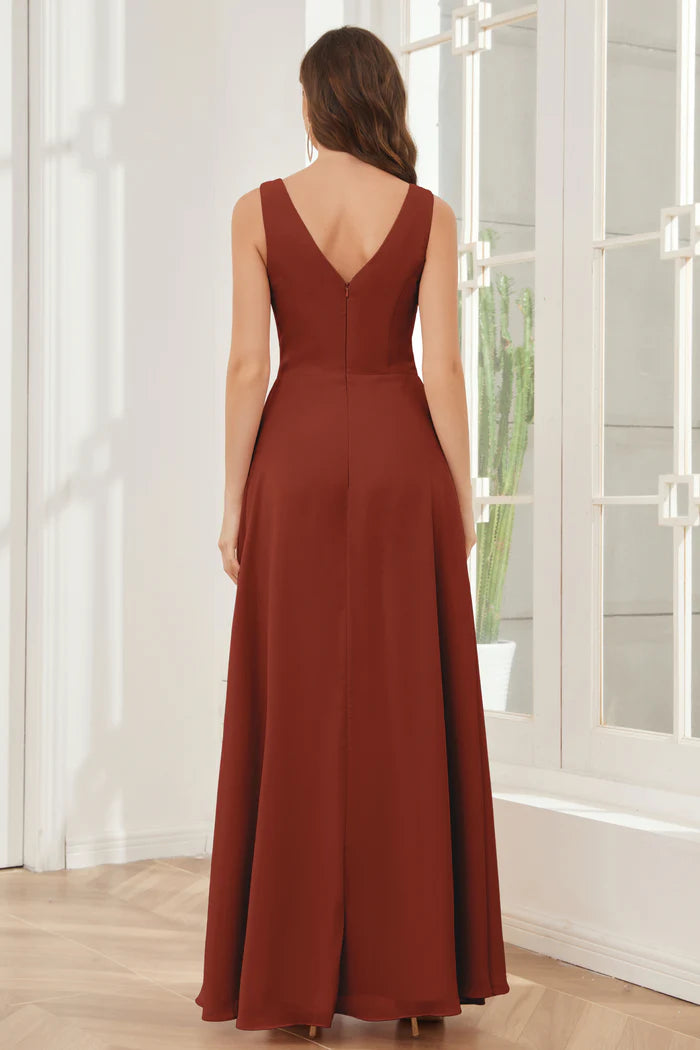 Elegant A-Line Deep V-Neck Sleeveless Open-Back Terracotta Chiffon Floor-Length Bridesmaid Dresses