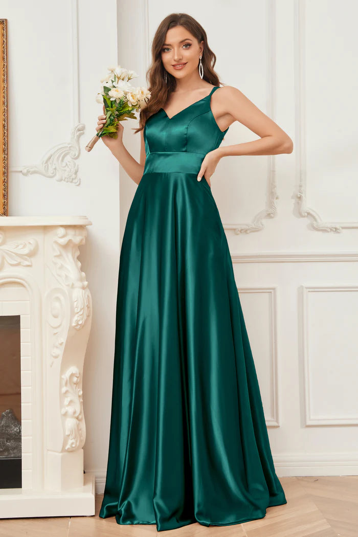 Elegant A-Line Deep V-Neck Spaghetti-Strap Cross-Back Emerald Satin Floor-Length Bridesmaid Dresses