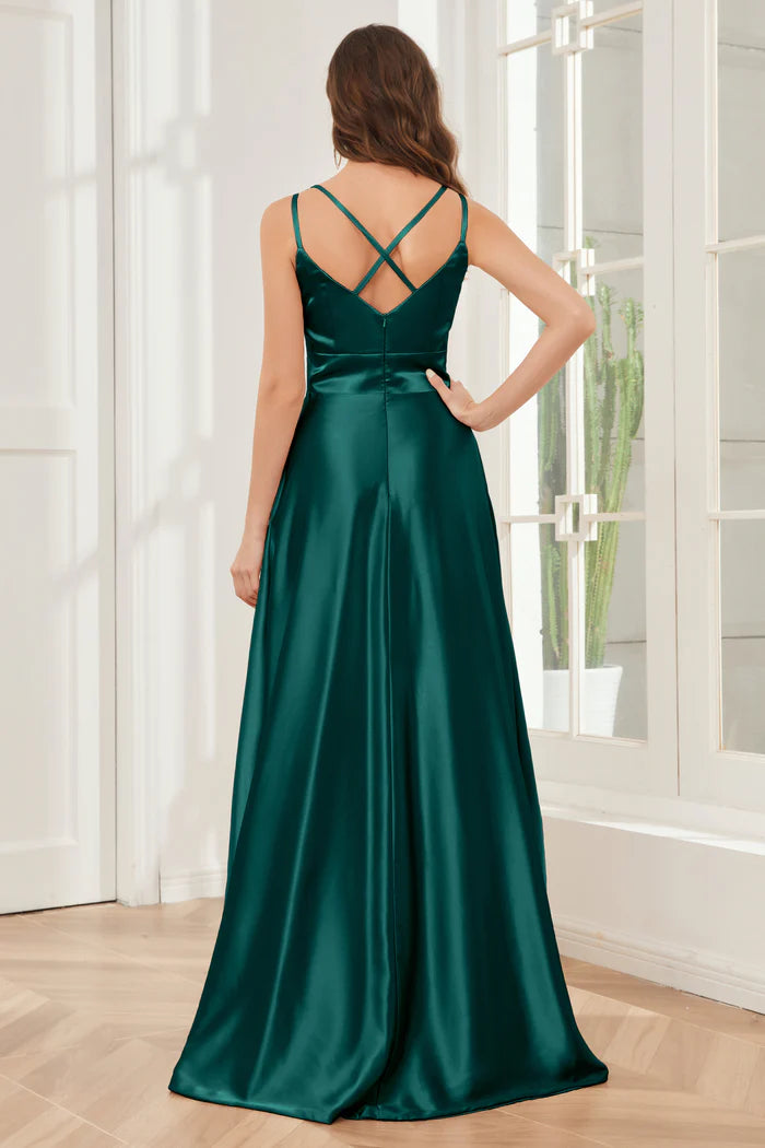 Elegant A-Line Deep V-Neck Spaghetti-Strap Cross-Back Emerald Satin Floor-Length Bridesmaid Dresses