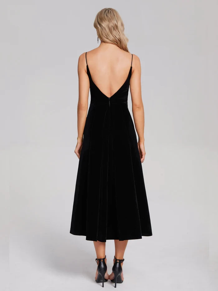 Elegant A - Line Deep V - Neck Spaghetti Strap Zipper Back Midi Length Prom Dresses