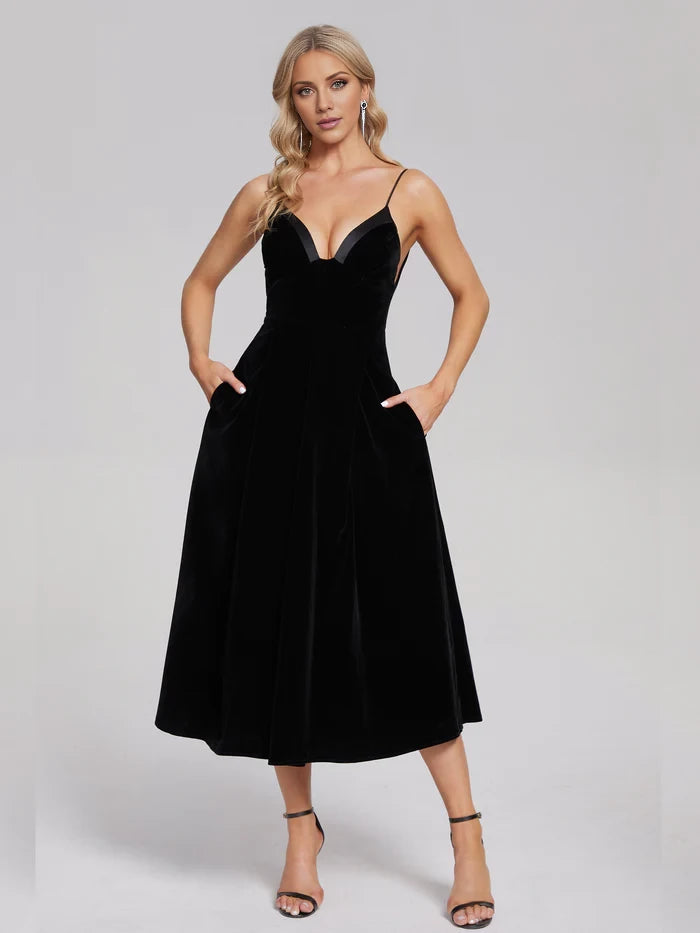 Elegant A - Line Deep V - Neck Spaghetti Strap Zipper Back Midi Length Prom Dresses