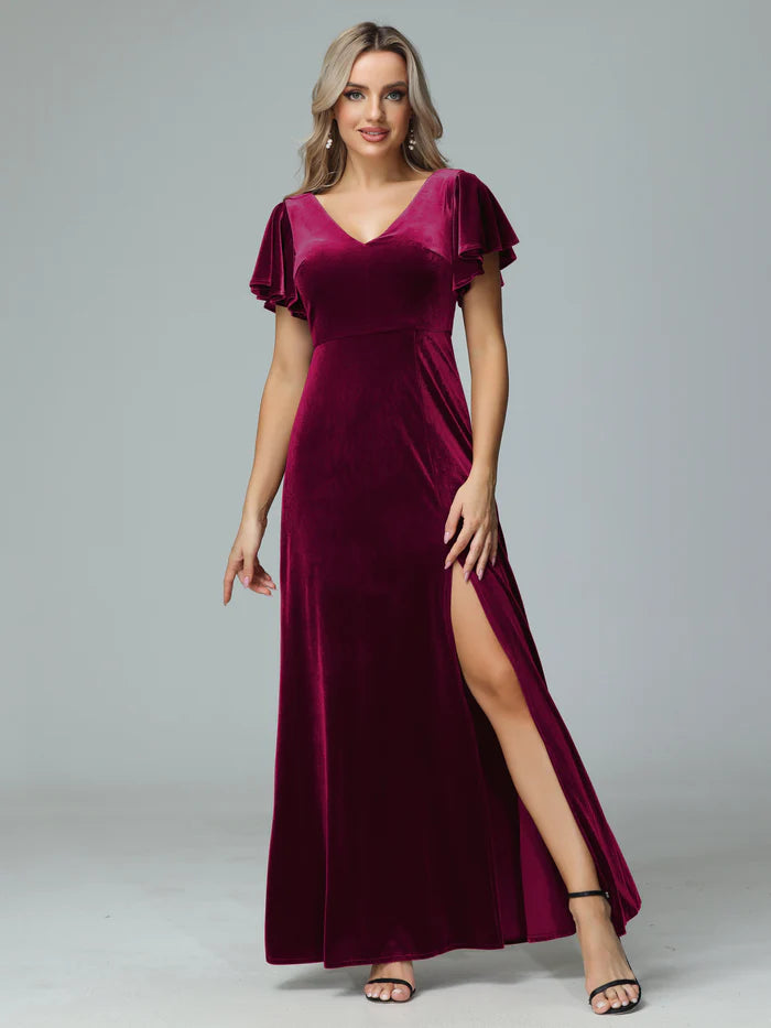 Elegant A-Line Deep-V Ruffle-Sleeve V-Back Velvet Floor-Length Bridesmaid Dresses