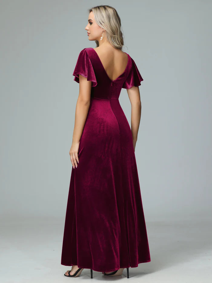 Elegant A-Line Deep-V Ruffle-Sleeve V-Back Velvet Floor-Length Bridesmaid Dresses