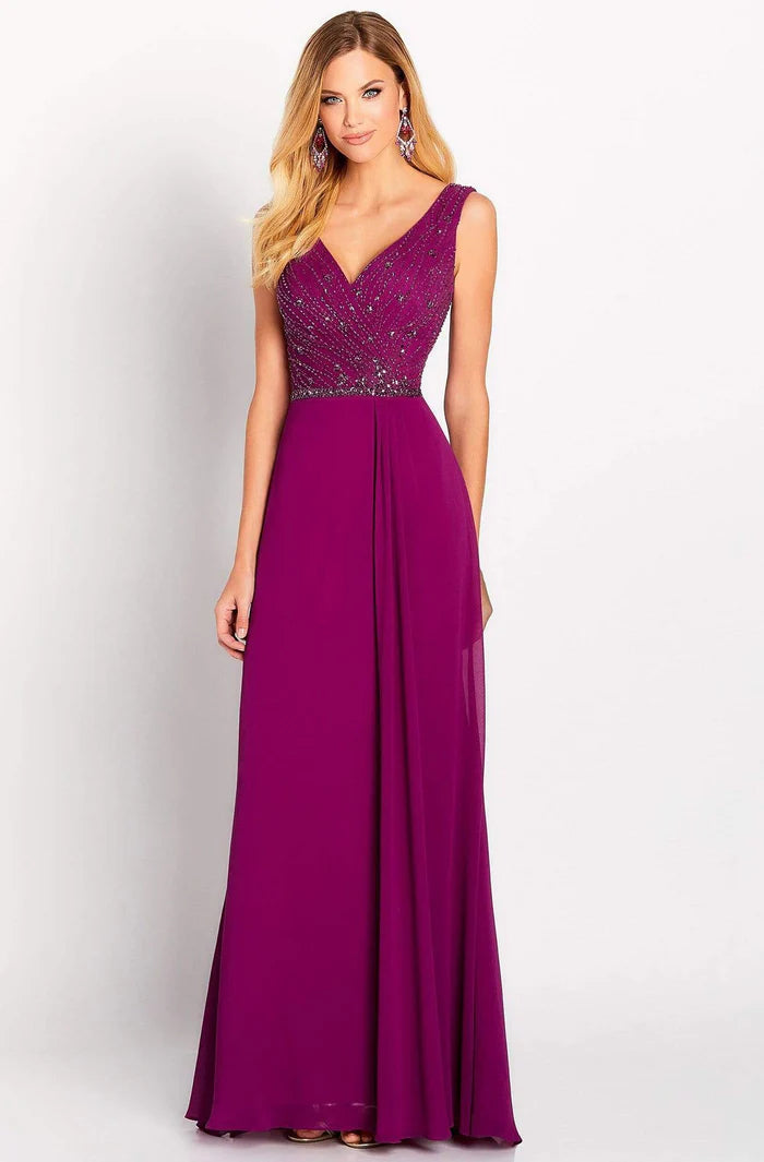 Elegant A-Line Deep-V Sleeveless Scoop-Back Plum Beaded-Chiffon Floor-Length Mother of the Bride Dresses