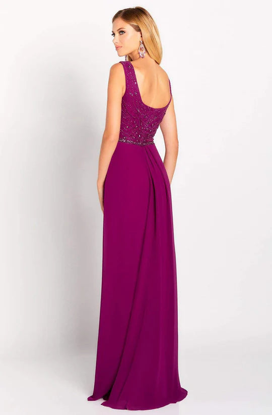 Elegant A-Line Deep-V Sleeveless Scoop-Back Plum Beaded-Chiffon Floor-Length Mother of the Bride Dresses