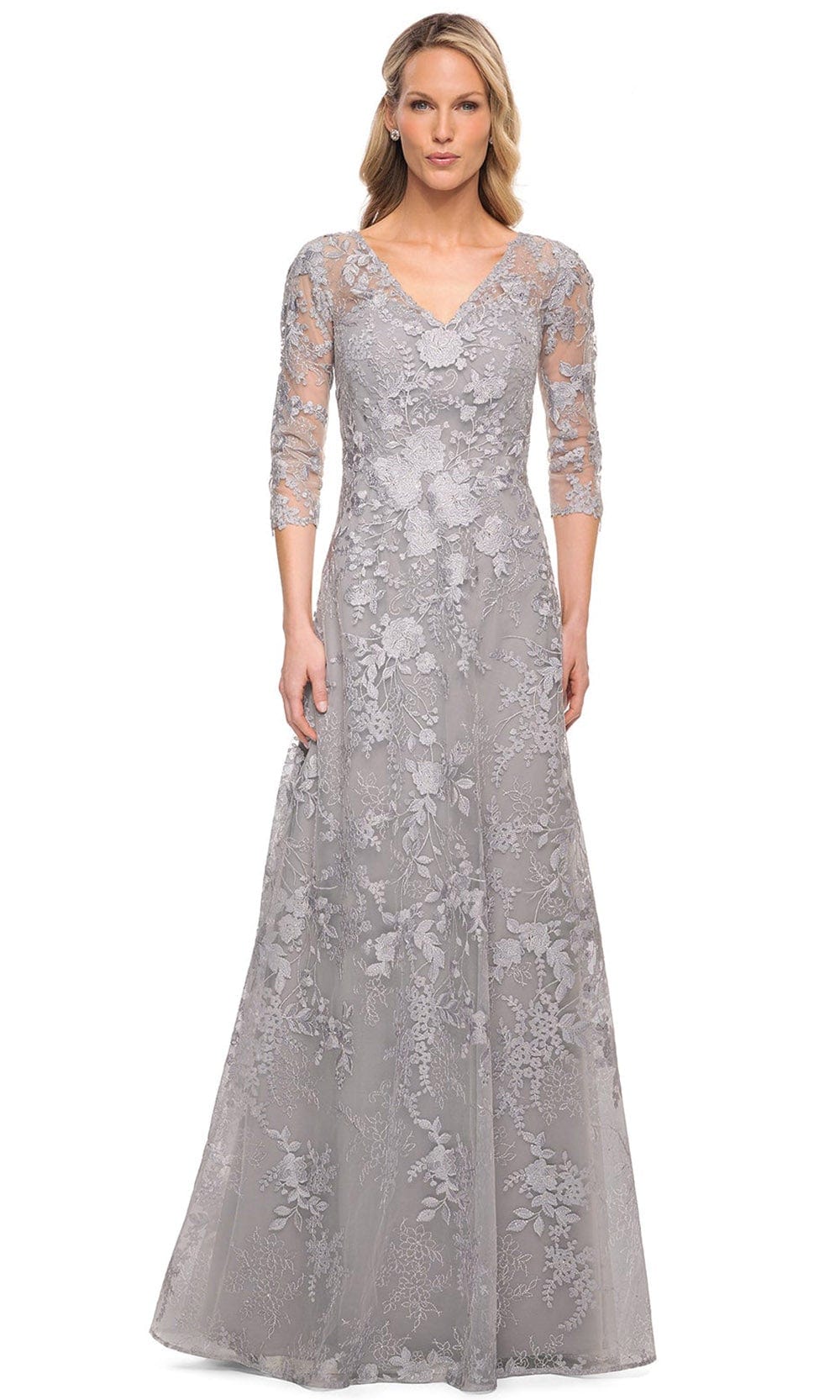 Elegant A-Line Deep-V Three-Quarter-Sleeve Lace-Back Dusty-Grey Floral-Lace Tulle Floor-Length Mother of the Bride Dresses