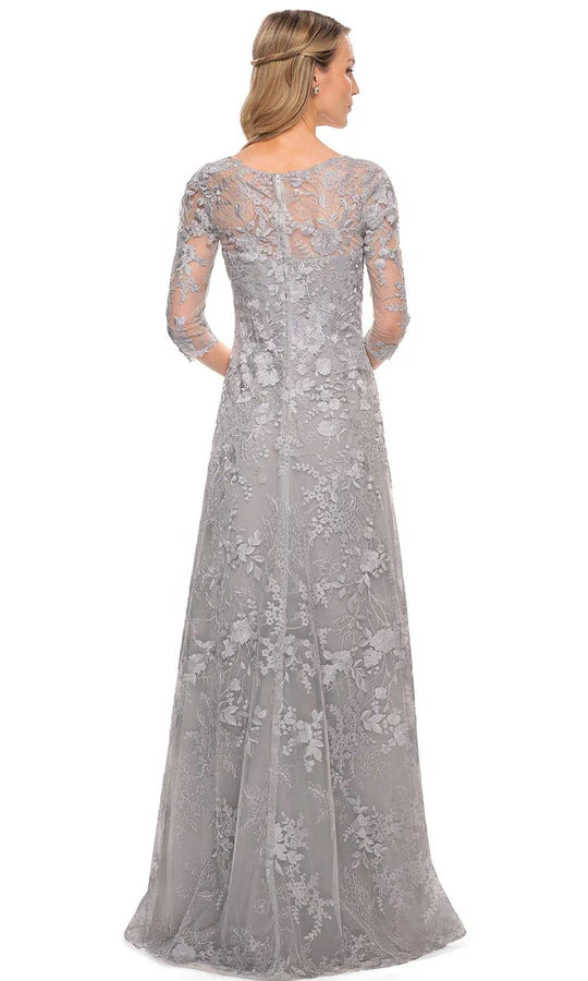 Elegant A-Line Deep-V Three-Quarter-Sleeve Lace-Back Dusty-Grey Floral-Lace Tulle Floor-Length Mother of the Bride Dresses